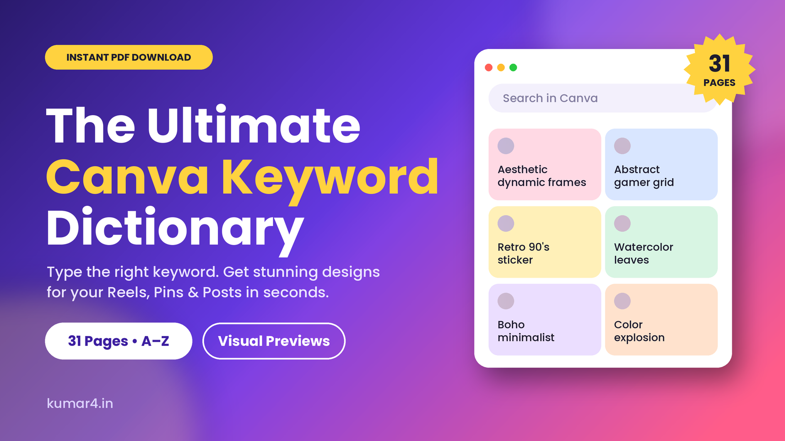 Canva Keyword Dictionary PDF cover with a Canva search bar and aesthetic keyword examples